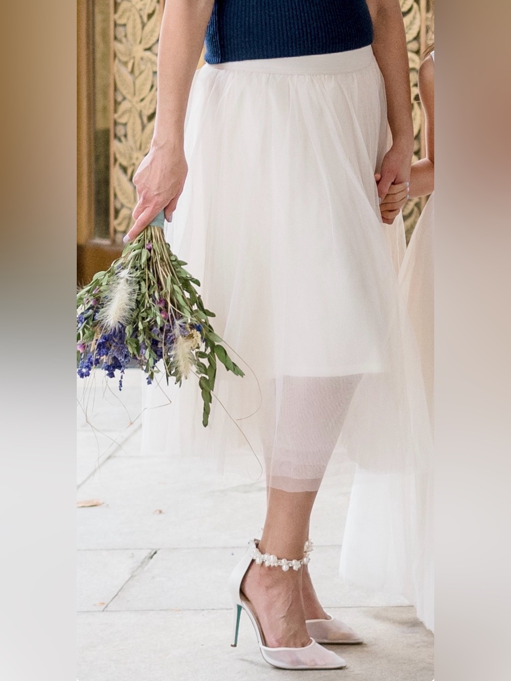 Esley Ivory Tulle Midi Skirt Large Elastic Waist Layered Mesh Balletcore